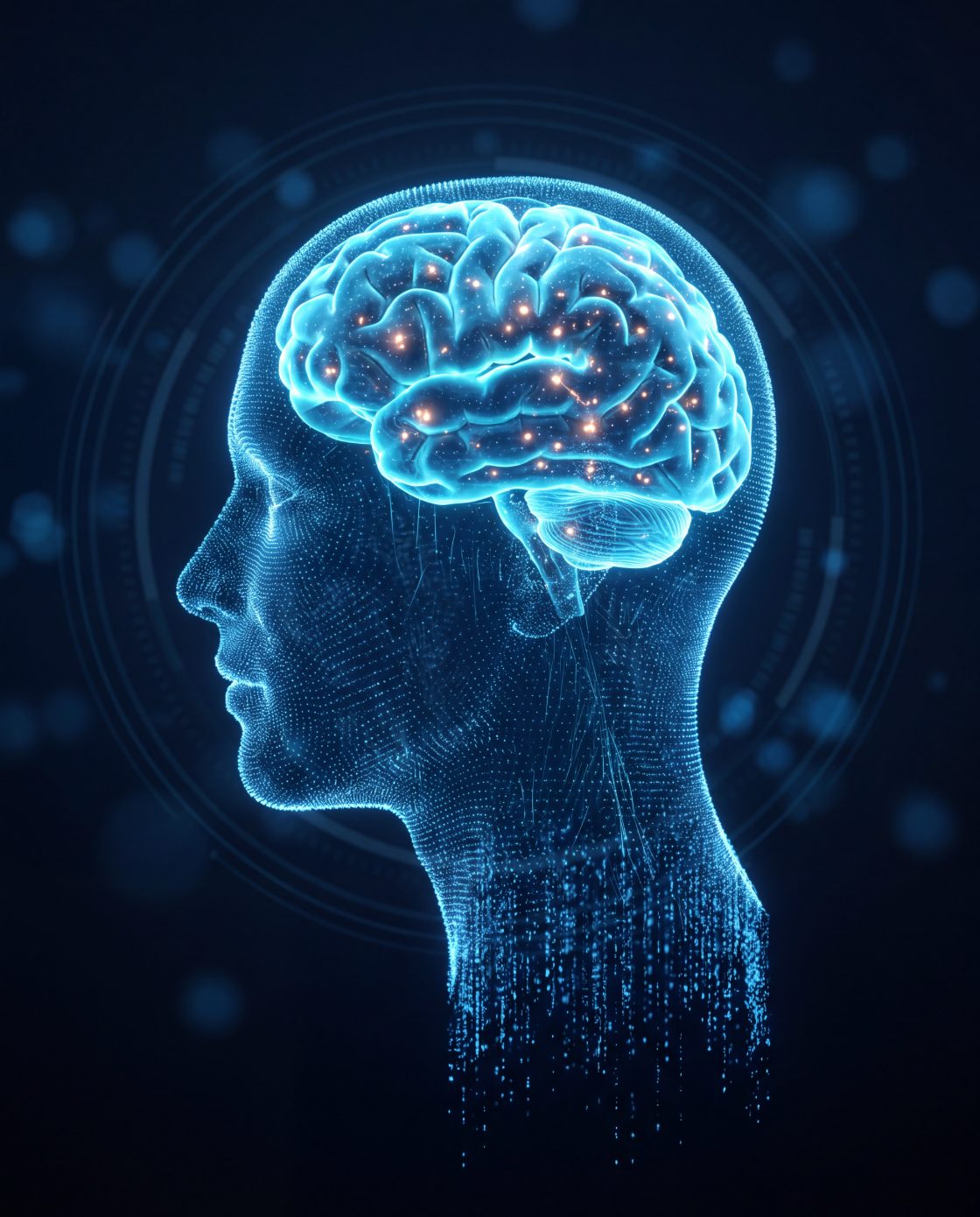 Holographic head with a glowing brain